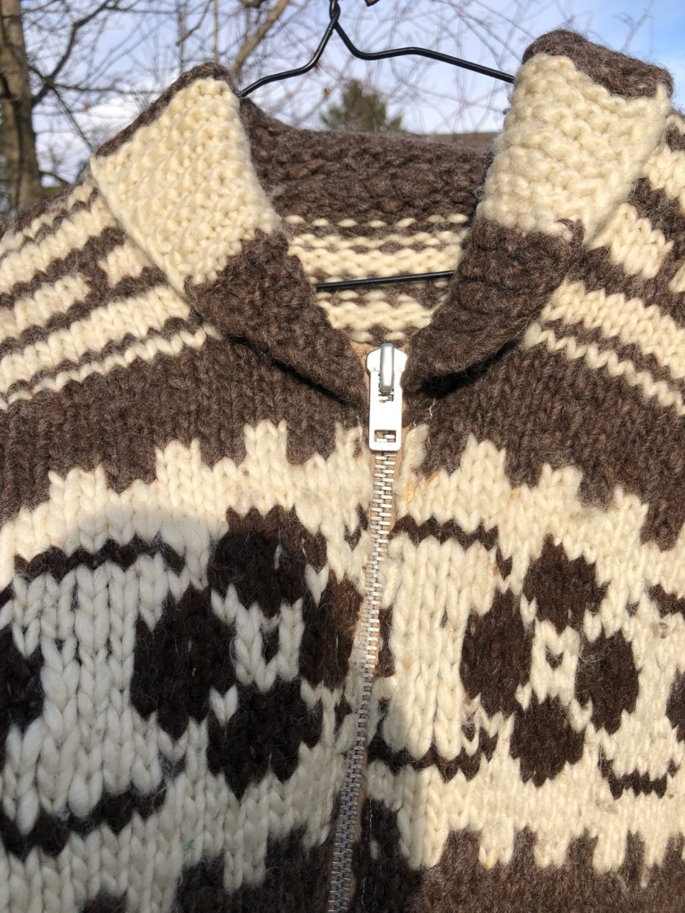 Handmade Chunky Zip-Front Cowichan-Style Sweater in Cream & Brown - Picture 6 of 11